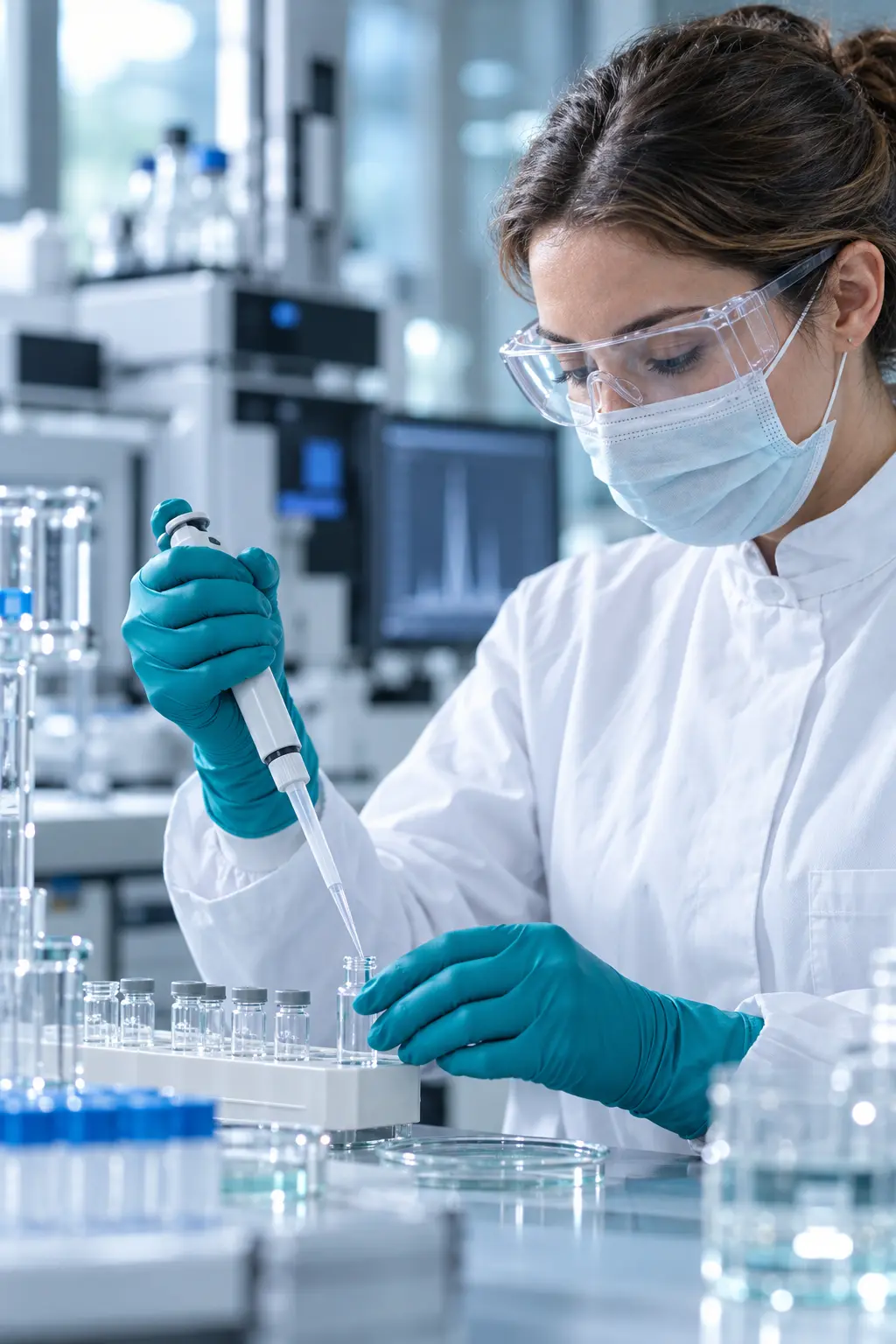 Laboratory specialist transferring a sample with a micropipette