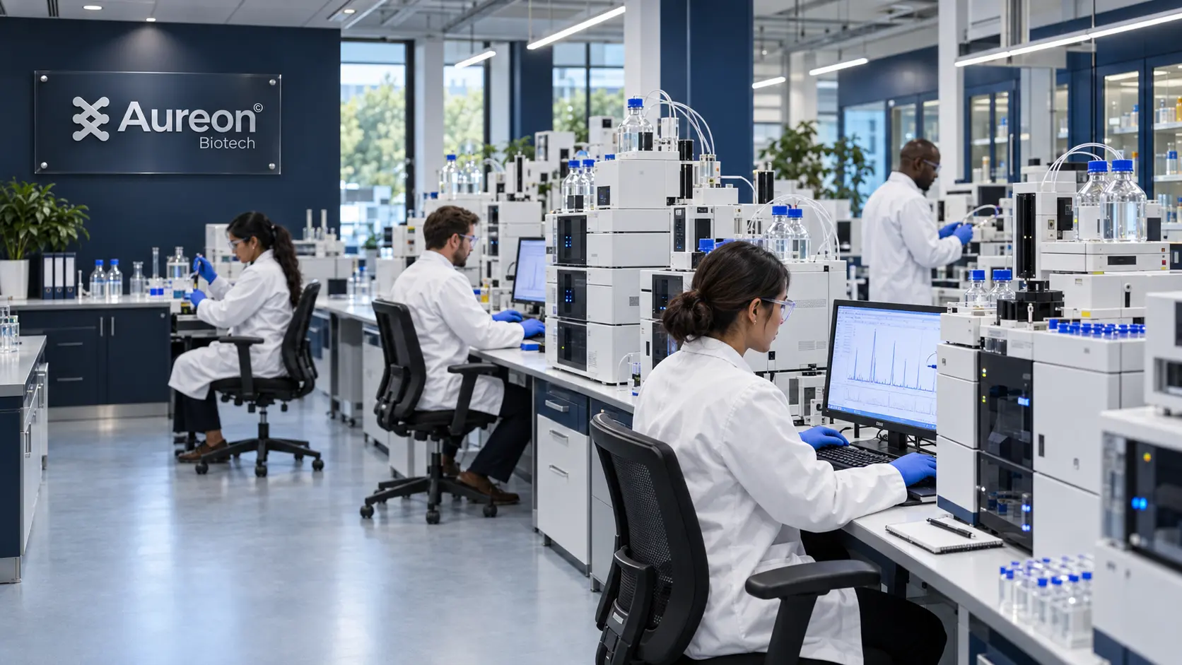 Aureon Biotech scientists working in an analytical laboratory