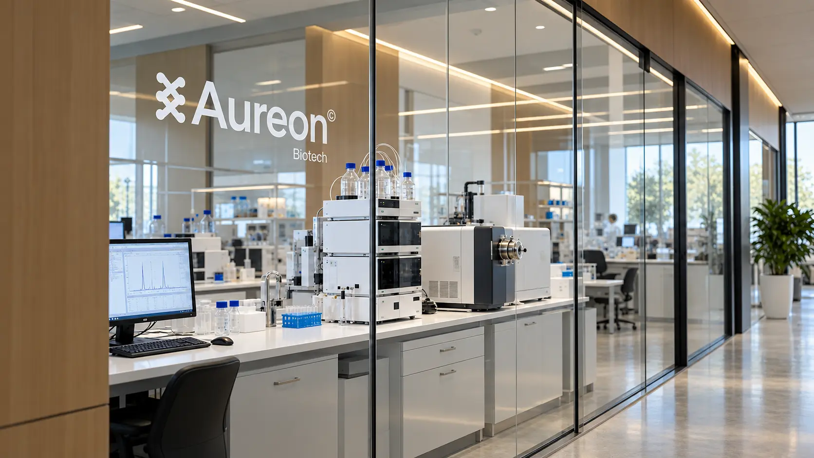 Aureon Biotech analytical laboratory behind a glass partition